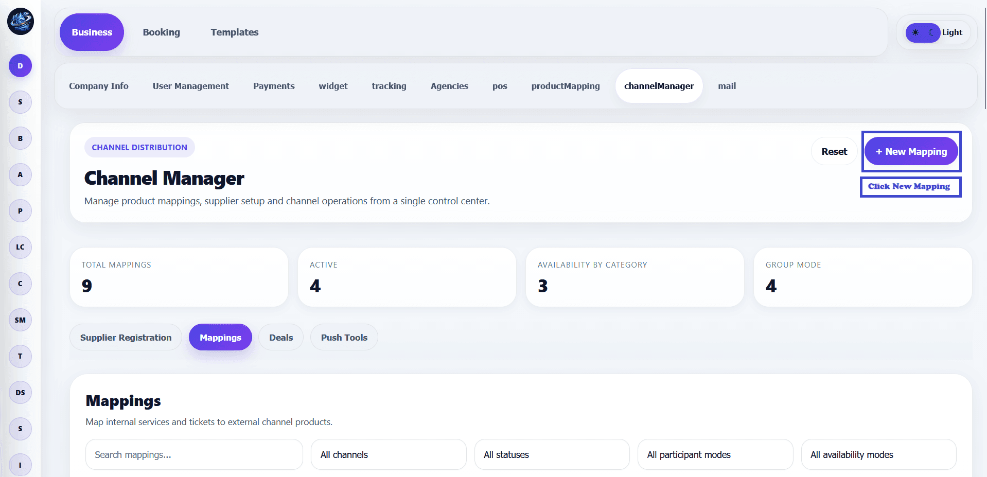 BookingOS Channel Manager showing the New Mapping button highlighted