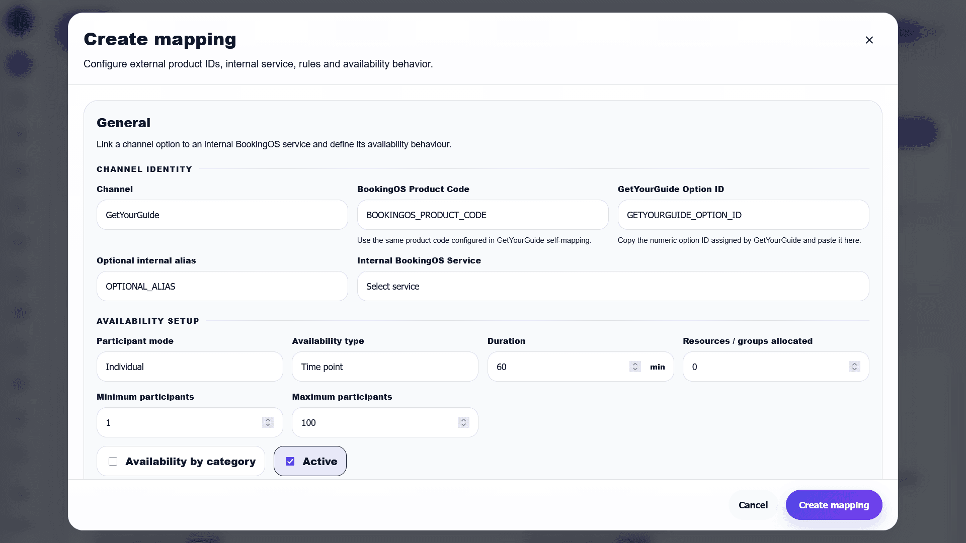 BookingOS Create Mapping screen with product code and GetYourGuide option ID fields