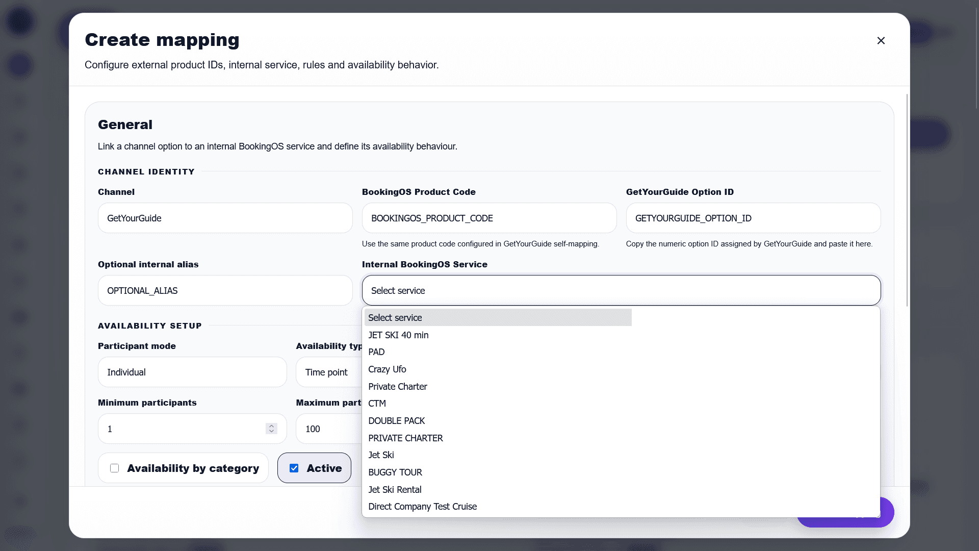 BookingOS service dropdown inside the mapping form