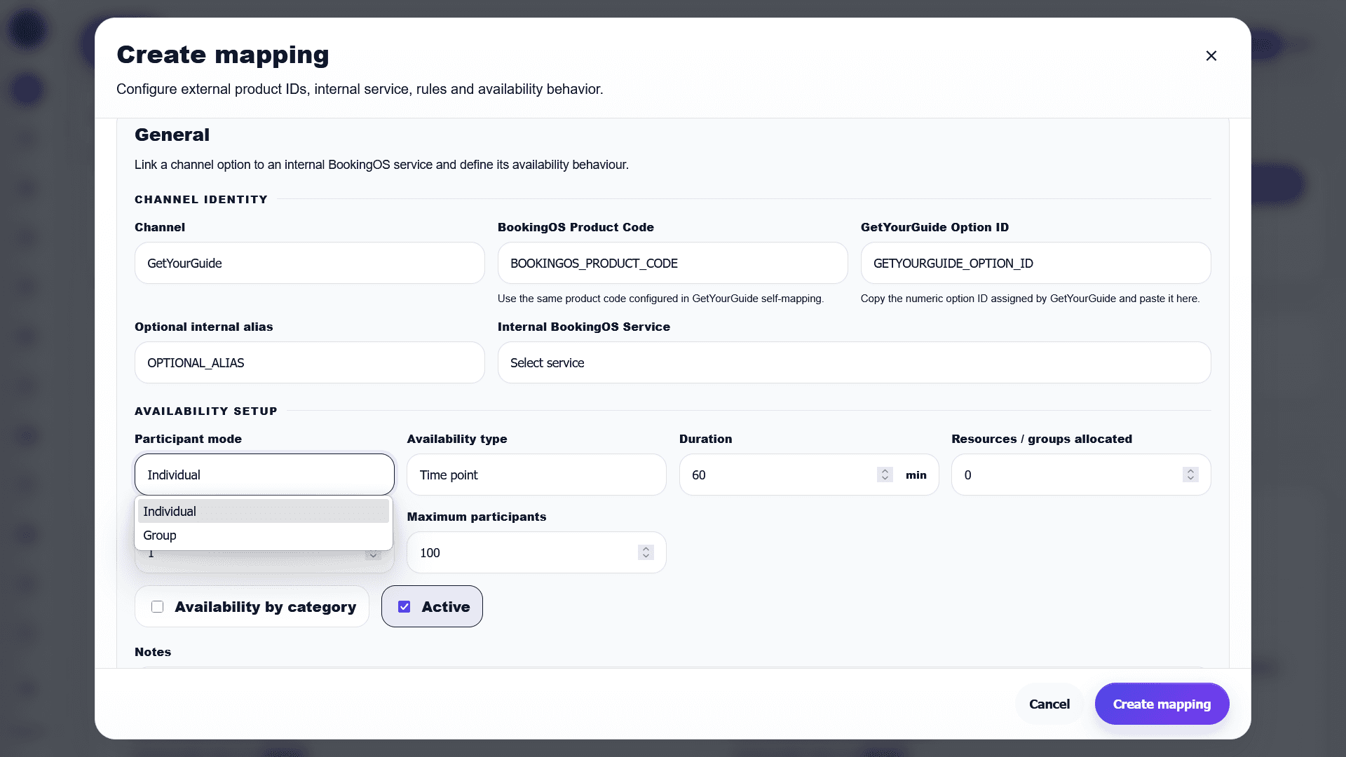 Participant mode dropdown with Individual and Group options