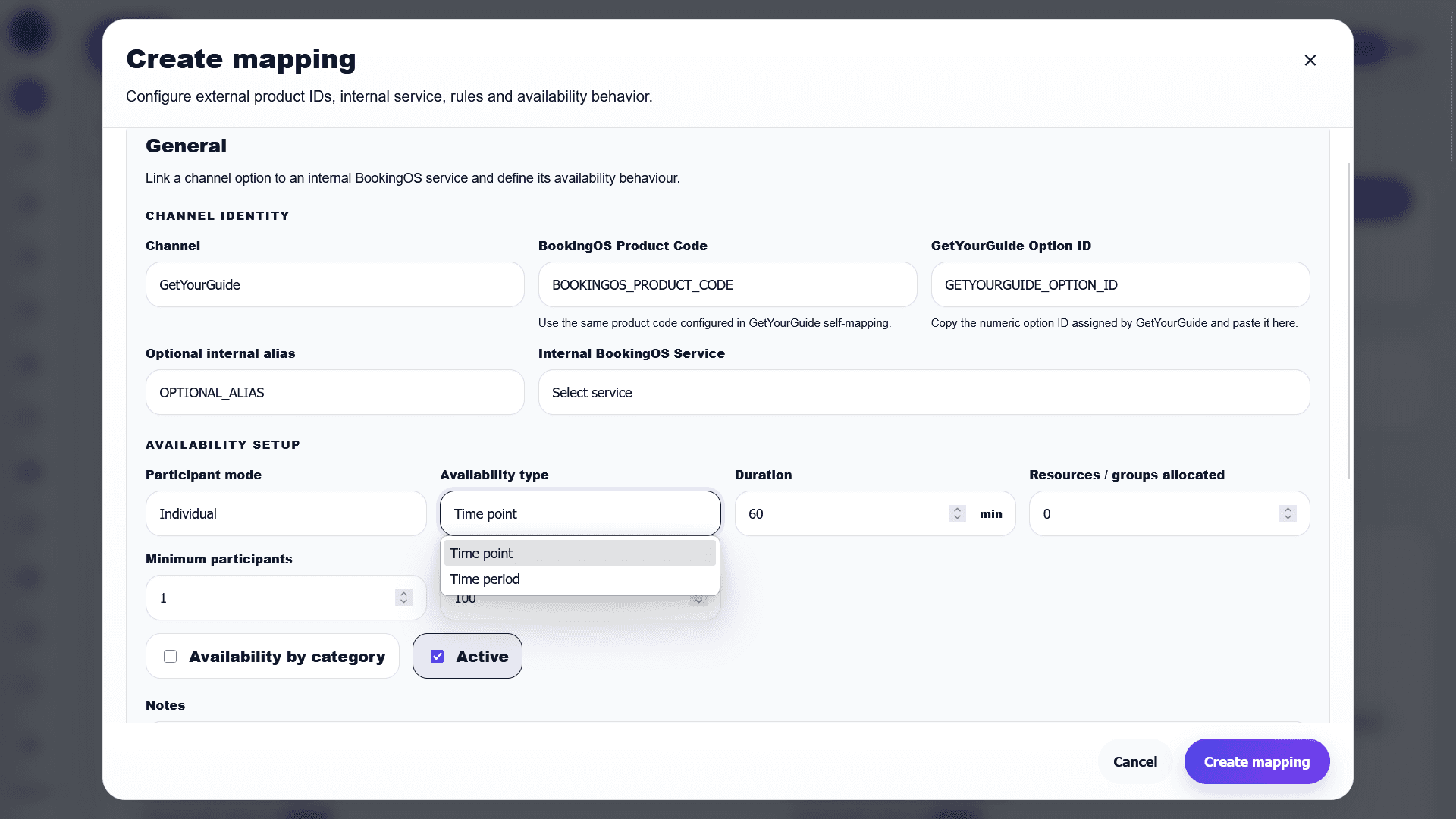 Availability type dropdown with Time point and Time period options