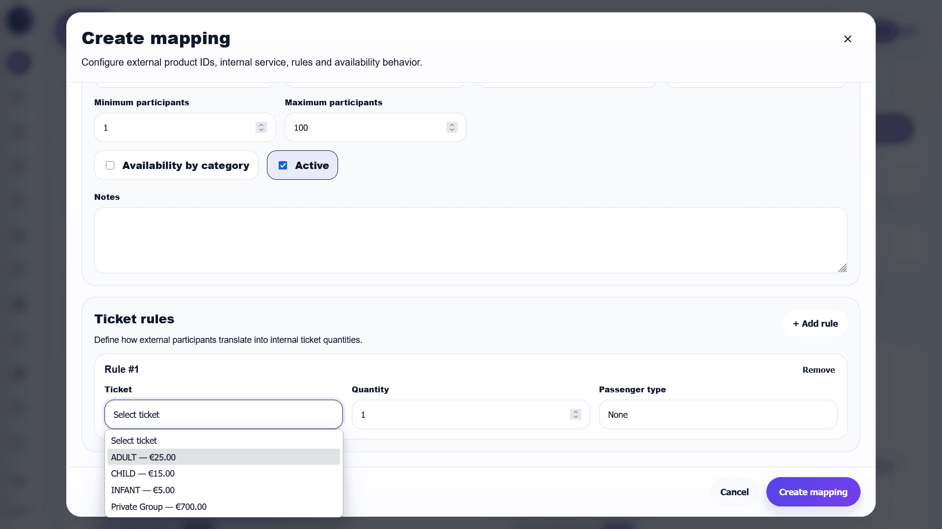 Ticket rules section showing BookingOS ticket dropdown